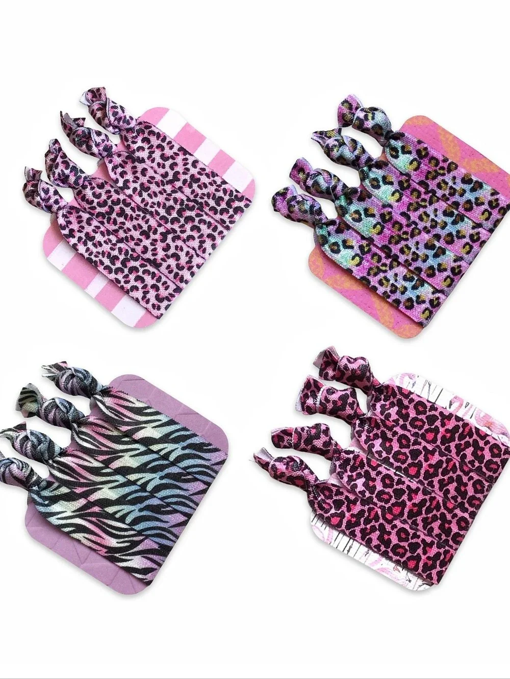 4 Sets Of 4-Pack Pink Leopard Tiger Zebra Print No Crease Handmade Hair Ties